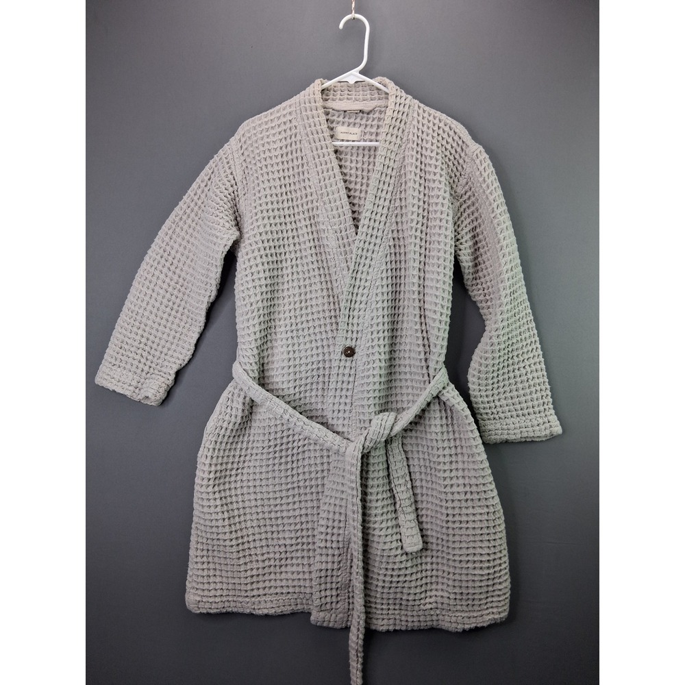 Happy Place Robe Waffle Knit Tie Waist Medium Gray Cotton Blend Loungewear Spa